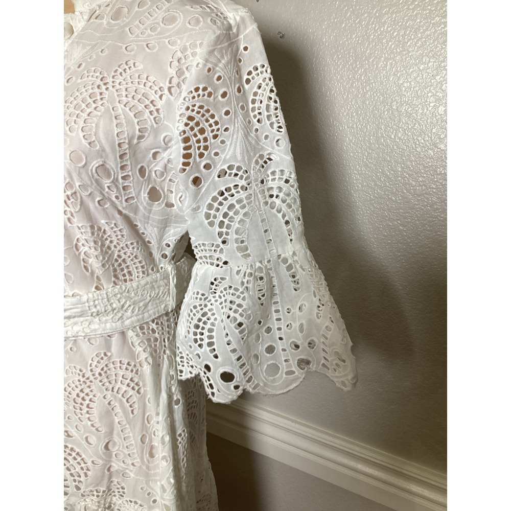 Farm Rio White Richelieu Eyelet Belted Mini Dress XS Embroidered Boho Ruffle - Picture 9 of 12